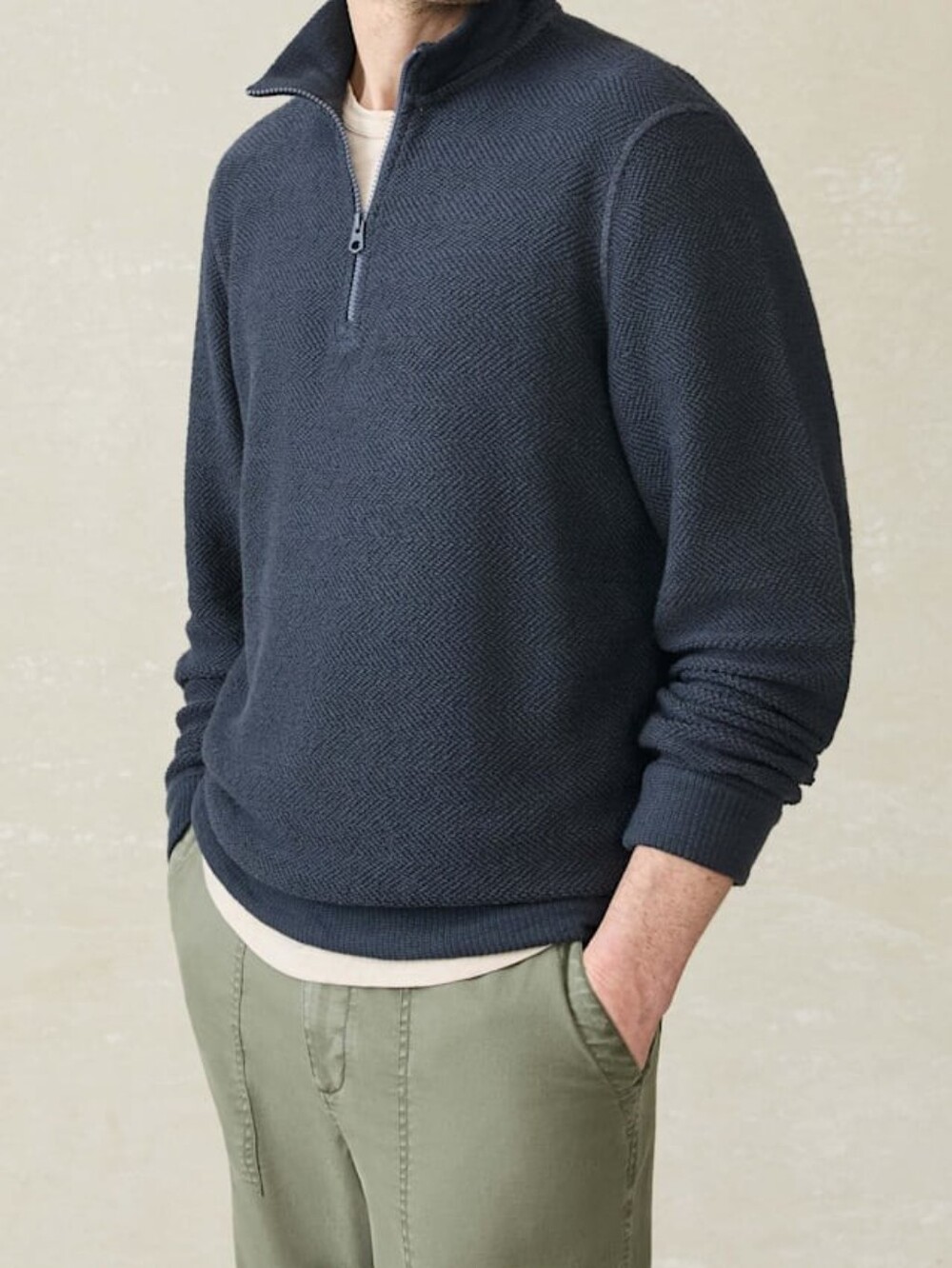 Mens Faherty Whitewater Organic Cotton Blend Quarter Zip Sweater Waffle Knit